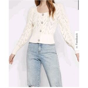 Express Cream Jeweled Buttons Square Neck Cable Knit Sweater Top XL